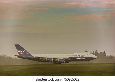 FRANKFURT HAHN,GERMANY-NOV 04: Silk Way West Airlines VQ-BWY Boeing 747 Lands At Airport On November 04,2017 In Frankfurt Hahn, Germany.Silk Way Airlines- Azerbaijani Cargo Airline In Baku,Azerbaijan.