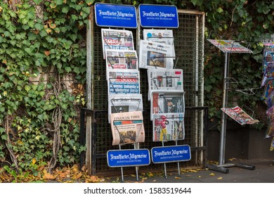 FRANKFURT, HESSE / GERMANY - November 21, 2019: Newspaper Stand With A Wide Selection Of International Newspapers. Including New York Times, Financial Times, Hürriyet, Frankfurter Allgemeine (FAZ).