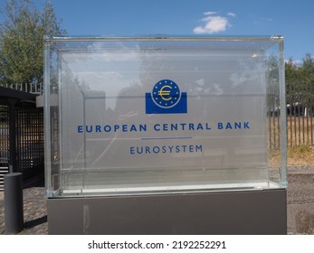 Frankfurt Hessen, Germany - August 16 2022: New European Central Bank (ECB) Headquarters Building Entrance With EU Flags In Frankfurt Germany.