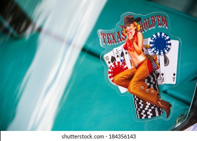 FRANKFURT - JUNE 10, 2013: Close Up Of A Texas Hold Em Sticker On A Windshield Taken On June 10, 2013 In Frankfurt, Germany