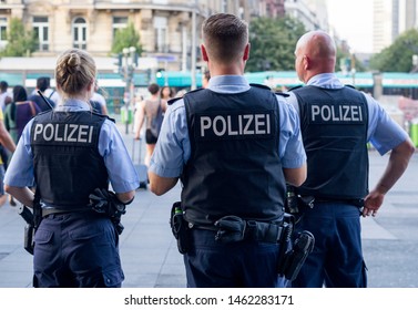 Frankfurt am Main, Germany - July 25 2019: German Police Officers near Central Railway Station in Frankfurt, Germany.