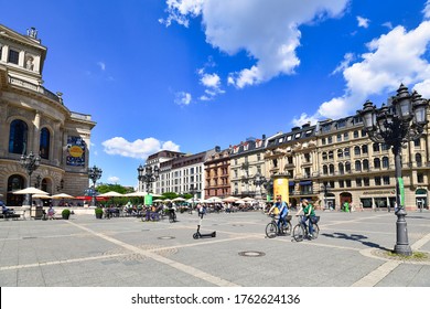 Frankfurt am Main, Germany - June 2020: Town square called 'Opernplatz' in city center of Frankfurt on sunny day