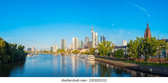 Frankfurt Am Main, Germany - September 19, 2021: Skyline Of Frankfurt. Financial Center Of The Country. Travel And Sights Of City Breaks. Landmarks, Travel Guide Europe. Banner Or Panoramic Postcard