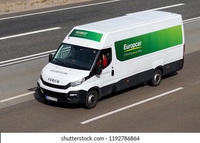 FRANKFURT AM MAIN, GERMANY - September 22, 2018: Iveco Daily of Europcar on motorway. Europcar Mobility Group is a French car rental company founded in 1949 in Paris.