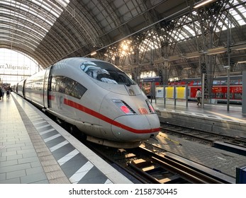 Frankfurt Am Main, Hesse, Germany- April 17, 2022: High Speed DB (Deutsche Bahn) ICE Train At Frankfurt Hbf (Hauptbahnhof) Central Train Station. Super Fast German Bullet Train.