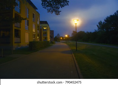 Frankfurt In Oder. Residential Areas In Summer Evening,  Streetlights On Deserted Night Street, Bedroom Suburb