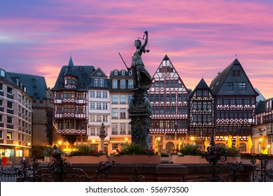Frankfurt Old town square romerberg with Justitia statue in Frankfurt Germany. - Shutterstock ID 556973500