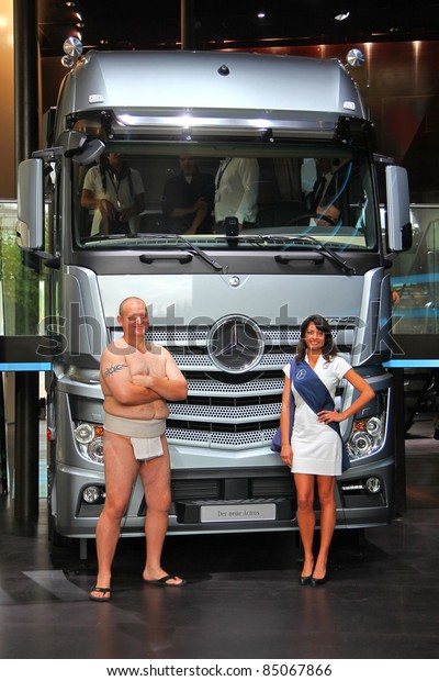 FRANKFURT - SEP 13: Mercedes Benz new\
Actros truck presented at the 64th IAA (Internationale Automobil\
Ausstellung) on September 13, 2011 in Frankfurt,\
Germany