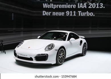 FRANKFURT - SEPT 10: World Premiere new Porsche 911 Turbo S shown at the 65th IAA (Internationale Automobil Ausstellung) on September 10, 2013 in Frankfurt, Germany.
