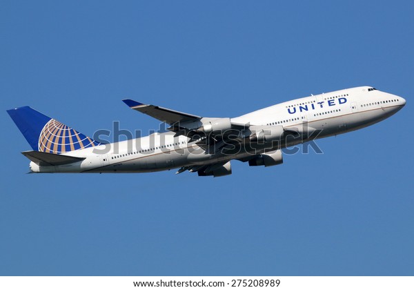 FRANKFURT -\
SEPTEMBER 17: United Airlines Boeing 747-400 airplane taking off on\
September 17, 2014 in Frankfurt. United Airlines is the world\'s\
largest airline with 138 million\
passengers.