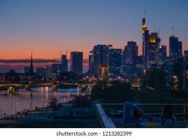 Frankfurt Skyline Against Red Sky At Dawn