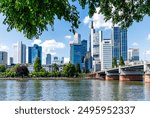 Frankfurt skyline cityscape with skyscrapers downtown city, Main river and Untermain bridge in Frankfurt, Germany