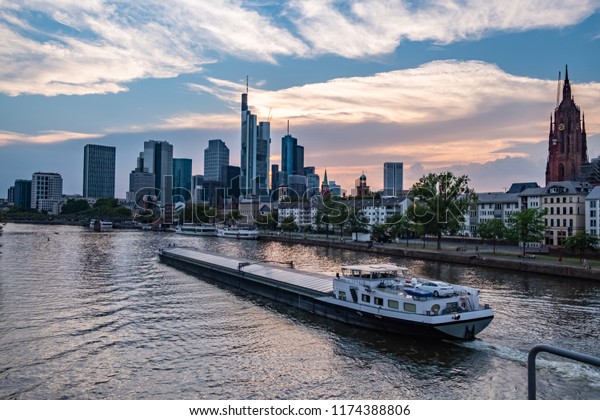 Frankfurt Skyline During Sunset Cargo Ship Stock Photo Edit Now