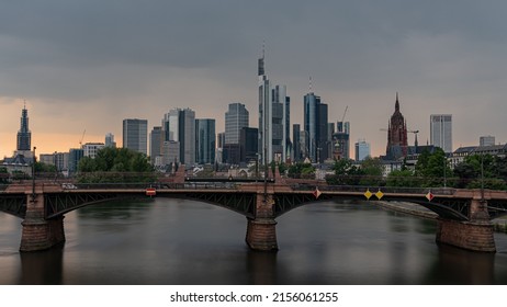 A Frankfurt Skyline At Dusk With Ignatz Bubis Bridge, Frankfurt,  Germany