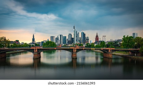 A Frankfurt Skyline At Dusk With Ignatz Bubis Bridge, Frankfurt,  Germany