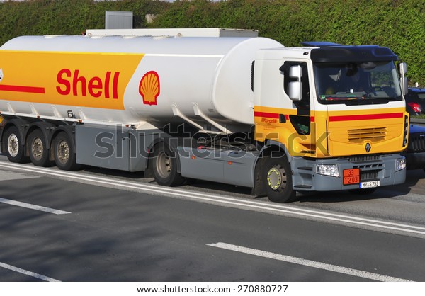 FRANKFURT,GERMANY - APRIL 10:Shell Oil Truck on\
the highway on April 10,2015 in Frankfurt, Germany.Royal Dutch\
Shell plc, commonly known as Shell, is an Anglo-Dutch multinational\
oil and gas\
company
