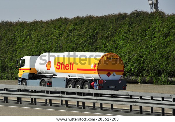 FRANKFURT,GERMANY - APRIL 10:Shell Oil Truck on\
the highway on April 10,2015 in Frankfurt, Germany.Royal Dutch\
Shell plc, commonly known as Shell, is an Anglo-Dutch multinational\
oil and gas\
company