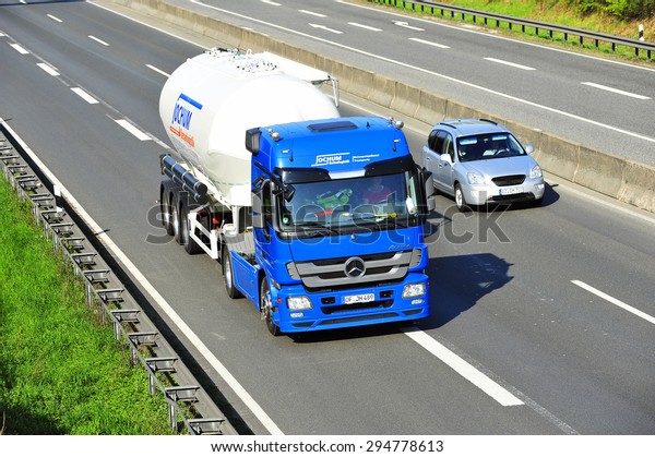 FRANKFURT,GERMANY - APRIL 24: oil truck on the\
highway on April 24,2015 in Frankfurt,\
Germany.