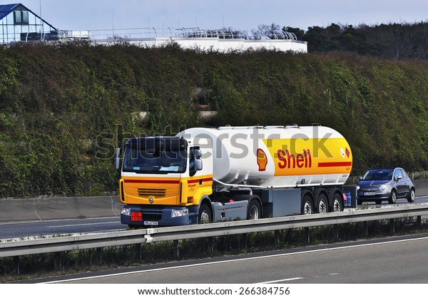 FRANKFURT,GERMANY - MARCH 28:Shell Oil Truck on the\
highway on March 28,2015 in Frankfurt, Germany.Royal Dutch Shell\
plc, commonly known as Shell, is an AngloÃ¢Â?Â?Dutch multinational\
oil and gas company.\
