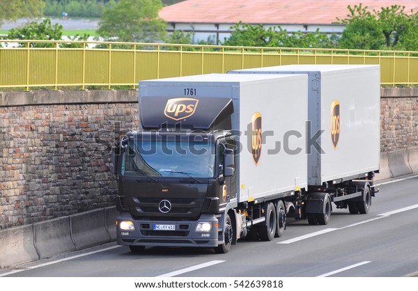 FRANKFURT,GERMANY - MAY 11: UPS truck on the\
highway on May 11,2015 in Frankfurt,\
Germany