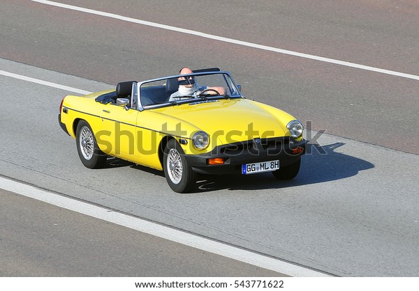 FRANKFURT,GERMANY- MAY 26:yellow MG car on the\
route on May 26,2016 in Frankfurt, Germany.MG Motor UK Limited-\
British based automotive company headquartered in Longbridge,\
Birmingham, United\
Kingdom.