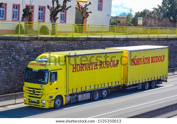 Frankfurt,Germany-AMarch 09,2017: truck on the\
route to\
Mainz.