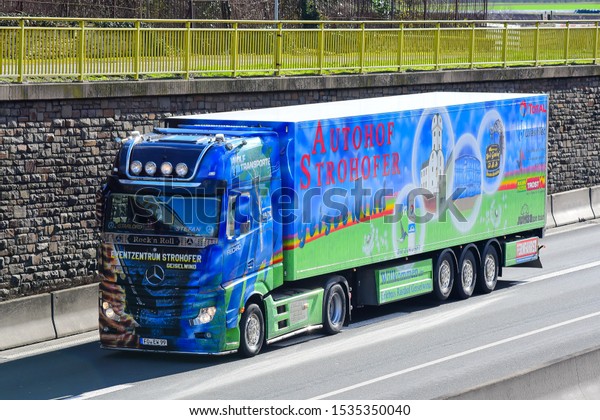 Frankfurt,Germany-AMarch 09,2017: truck on the\
route to\
Mainz.