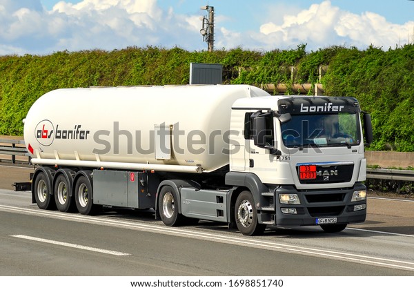 Frankfurt,Germany-April 07,2015:  truck on the\
route to\
Frankfurt.