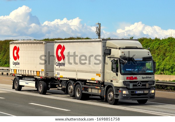 Frankfurt,Germany-April 07,2015:  truck on the\
route to\
Frankfurt.
