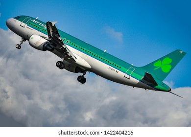 Frankfurt,Germany-April 07,2016: Aer Lingus Airbus a320 over airport.Aer Lingus is the flag carrier airline of Ireland.