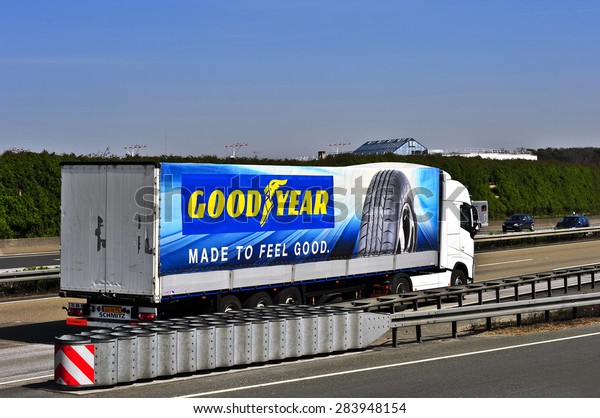FRANKFURT,GERMANY-APRIL 10: truck of\
GOOD YEAR on the highway on April 10,2015 in\
Frankfurt,Germany.
