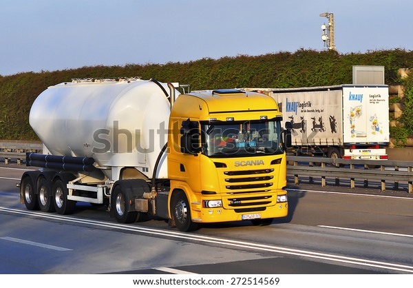 FRANKFURT,GERMANY-APRIL 10:SCANIA oil truck on the\
highway on April 10,2015 in Frankfurt,Germany.Scania, is a major\
Swedish automotive industry manufacturer of specifically heavy\
trucks and\
buses.