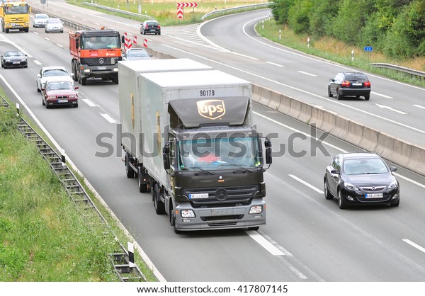 FRANKFURT,GERMANY-AUGUST 18: UPS truck on the\
highway on August 18,2015 in Frankfurt,Germany.UPS is the world\'s\
largest package delivery company and a provider of supply chain\
management\
solutions.