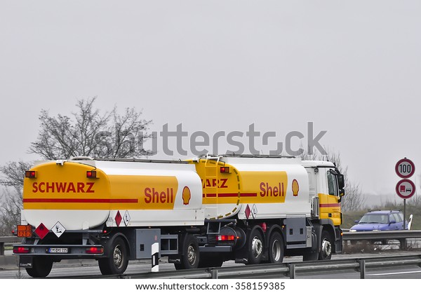 FRANKFURT,GERMANY-DEC 10: Shell Oil Truck on the\
highway on December 10,2015 in Frankfurt,Germany.Royal Dutch Shell\
plc, commonly known as Shell, is an Anglo-Dutch multinational oil\
and gas\
company.