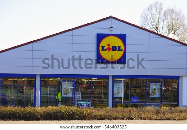 FRANKFURT,GERMANY-DEC 29:LIDL supermarket and logo on\
December 29,2016 in Frankfurt,Germany. Lidl is a German global\
discount supermarket chain, that operates over 10,000 stores across\
Europe. 