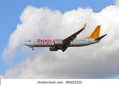 FRANKFURT,GERMANY-FEBR 25:airplane of PEGASUS Airlines  above the Frankfurt airport on February 25,2016 in Frankfurt,Germany.Pegasus Airlines is a low-cost airline of Turkey.