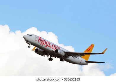 FRANKFURT,GERMANY-FEBR 25:airplane of PEGASUS Airlines  above the Frankfurt airport on February 25,2016 in Frankfurt,Germany.Pegasus Airlines is a low-cost airline of Turkey.