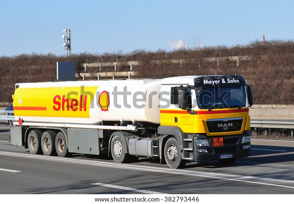 FRANKFURT,GERMANY-FEBR 25:Shell Oil Truck on the\
highway  on February 25,2016 in Frankfurt,Germany.Royal Dutch Shell\
plc, commonly known as Shell, is an Anglo-Dutch multinational oil\
and gas\
company.