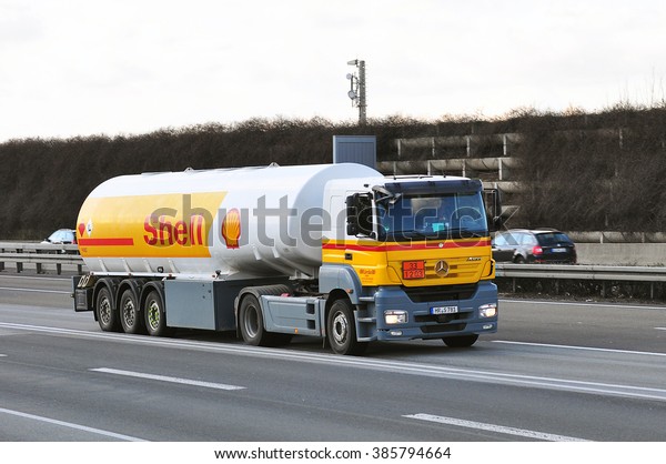 FRANKFURT,GERMANY-FEBR 25:Shell Oil Truck on the\
highway on February 25,2016 in Frankfurt,Germany.Royal Dutch Shell\
plc, commonly known as Shell, is an Anglo-Dutch multinational oil\
and gas\
company.