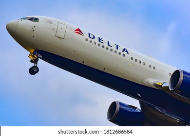 Frankfurt,Germany-February 03,2018:Delta Air Lines aircraft over airport.Delta Air Lines or Delta, is one of the major airlines of the United States and a legacy carrier.