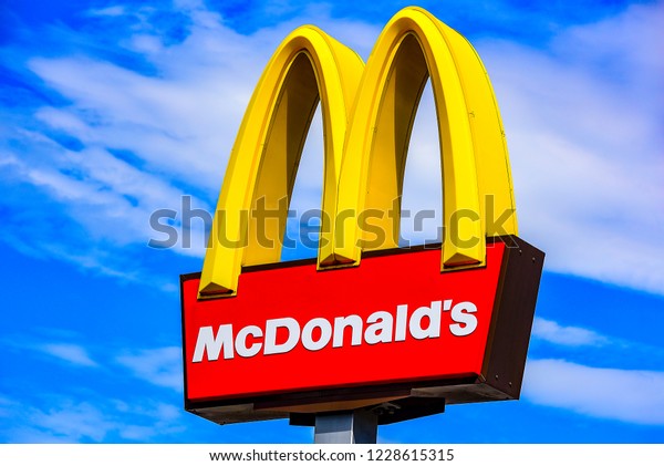 FRANKFURT,GERMANY-JULY 08,2017: McDonald\'s Restaurants\
logo.The McDonald\'s Corporation is the world\'s largest chain of\
hamburger fast food restaurants.\
