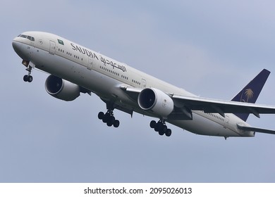 Frankfurt,Germany-July 13 ,2019:    Saudi Arabian Airlines Boeing 777 Over Airport.
