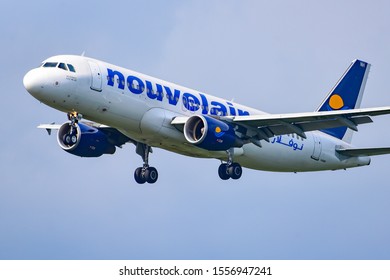 Frankfurt,Germany-July 13,2019: Nouvelair Tunisie Airbus A320 Over Airport.