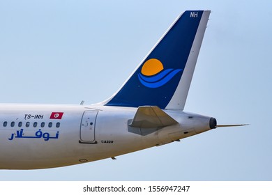 Frankfurt,Germany-July 13,2019: Nouvelair Tunisie Airbus A320 Over Airport.