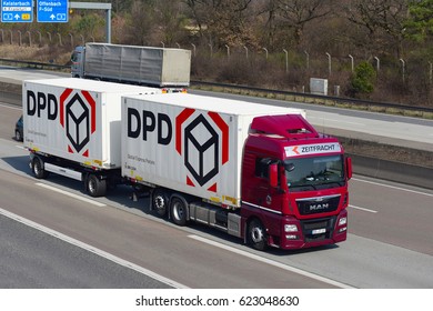 FRANKFURT,GERMANY-MARCH 16:DPD delivery truck on the freeway on March 16,2017 in Frankfurt,Germany.