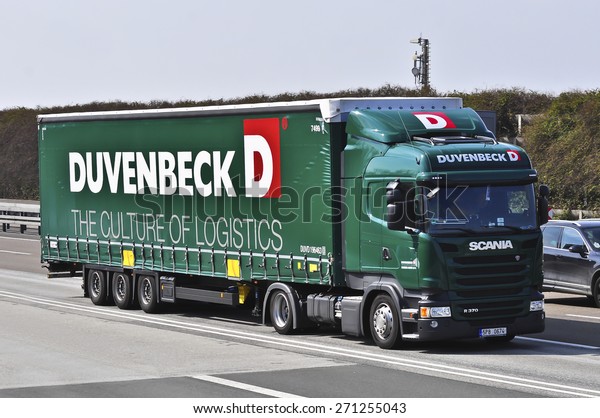 FRANKFURT,GERMANY-MARCH 26:SCANIA truck on the\
highway on March 26,2015 in Frankfurt,Germany.Scania, is a major\
Swedish automotive industry manufacturer of specifically heavy\
trucks and\
buses.