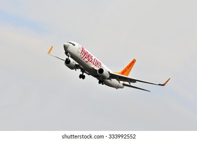 FRANKFURT,GERMANY-MARCH 28:Airplane of Pegasus Airlines over Frankfurt airport on March 28,2015 in Frankfurt,Germany