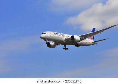 FRANKFURT,GERMANY-MARCH 28:airplane of United Airlines above the Frankfurt airport on March 28,2015 in Frankfurt,Germany.United Airlines is an American major airline headquartered in Chicago, Illinois