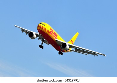 FRANKFURT,GERMANY-MAY 26:Airbus A300B4-622R from DHL  lands at Frankfurt airport on May 26,2016 in Frankfurt,Germany.DHL Express is a division of the German logistics company Deutsche Post DHL.
