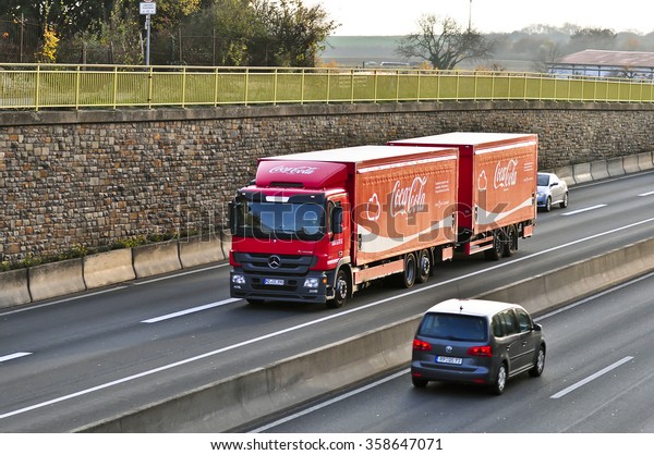 FRANKFURT,GERMANY-NOV 12:truck of Coca\
Cola  on the highway on November 12,2015 in\
Frankfurt,Germany.